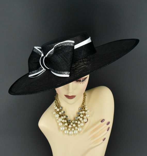 魅力的な M23155 Black White Wide Flat-brim Sinamay Fascinator Hat for その他