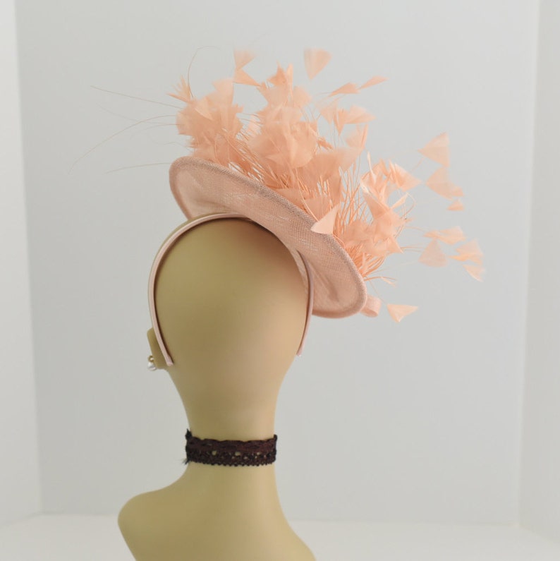 May include: A peach-colored hat with a wide brim and a large feather accent. The hat is made of a soft, delicate material and is perfect for a special occasion.