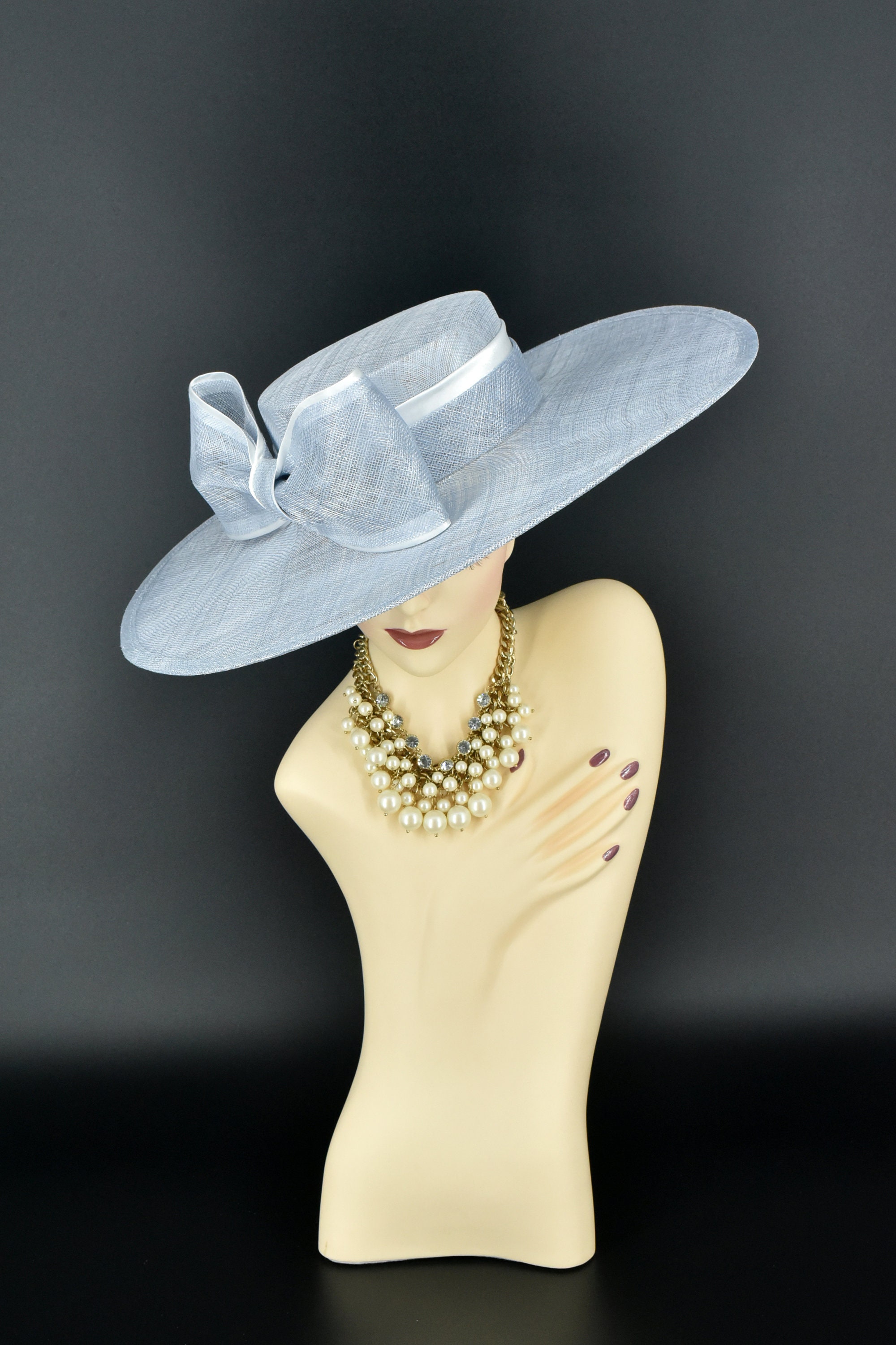 M23155 ( Light Blue/white ) Wide Flat-brim Sinamay 