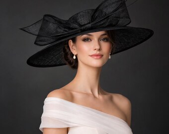 Vintage Black and White Straw Wide Brim Derby Hat Fancy Hat 