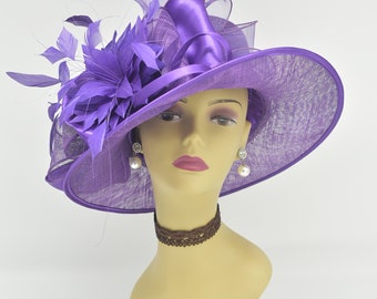 SF044( Purple + More colors )Kentucky Derby, Church, Wedding, Easter, Tea Party, Formal Feather Satin Med Brim Sinamay Hat