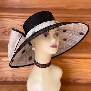 M95( Off-White/Black Polka )Kentucky Derby Hat, Church Hat, Wedding Hat, Easter Hat, Polka Dot hat, Big Bow, Wide Brim Sinamay Hat