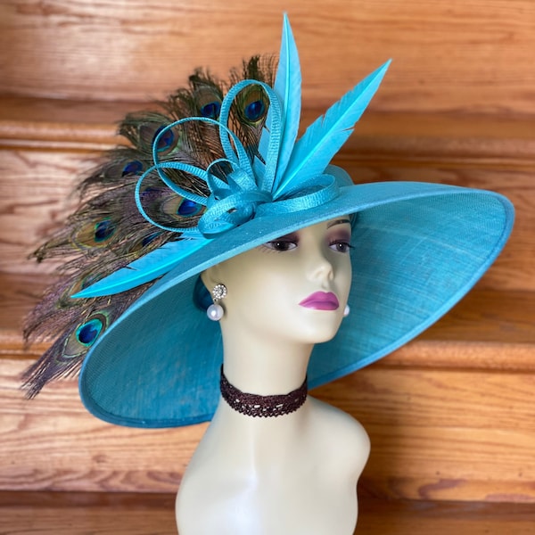 M838 (turquesa/verde/verde azulado) Sombrero vintage de Sinamay con ala ancha y plumas de pavo real para Kentucky Derby, iglesia, boda, Pascua y fiesta del té