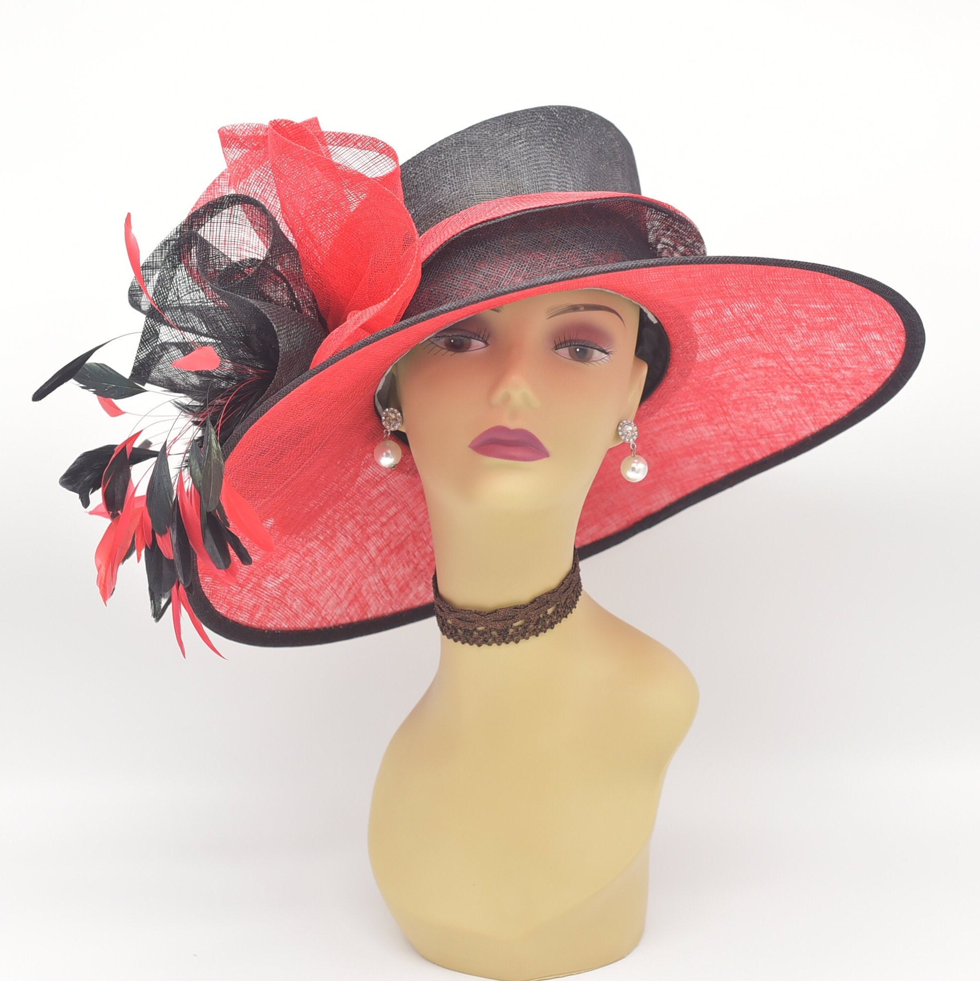 M916 (Red/Black)Kentucky Derby Hat, Church, Wedding, Easter Hat, Tea Party, Formal Hat 3 Layers \u0026 Big Bows Feathers Wide Brim Sinamay Hat, image size:2000x2003