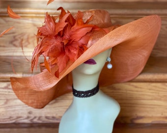 M508 (Orange Copper hat ) Kentucky Derby hat, Church hat, Wedding hat, Tea Party hat with Jumbo Feather Flower Floopy Wide Brim Sinamay Hat