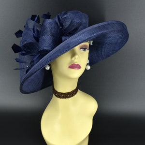 M4002 Navy blue hat Kentucky Derby hat, Church hat, Wedding hat, Easter hat, Mother of Bride hat, Royal Ascot hat, Med Brim Sinamay Hat image 5