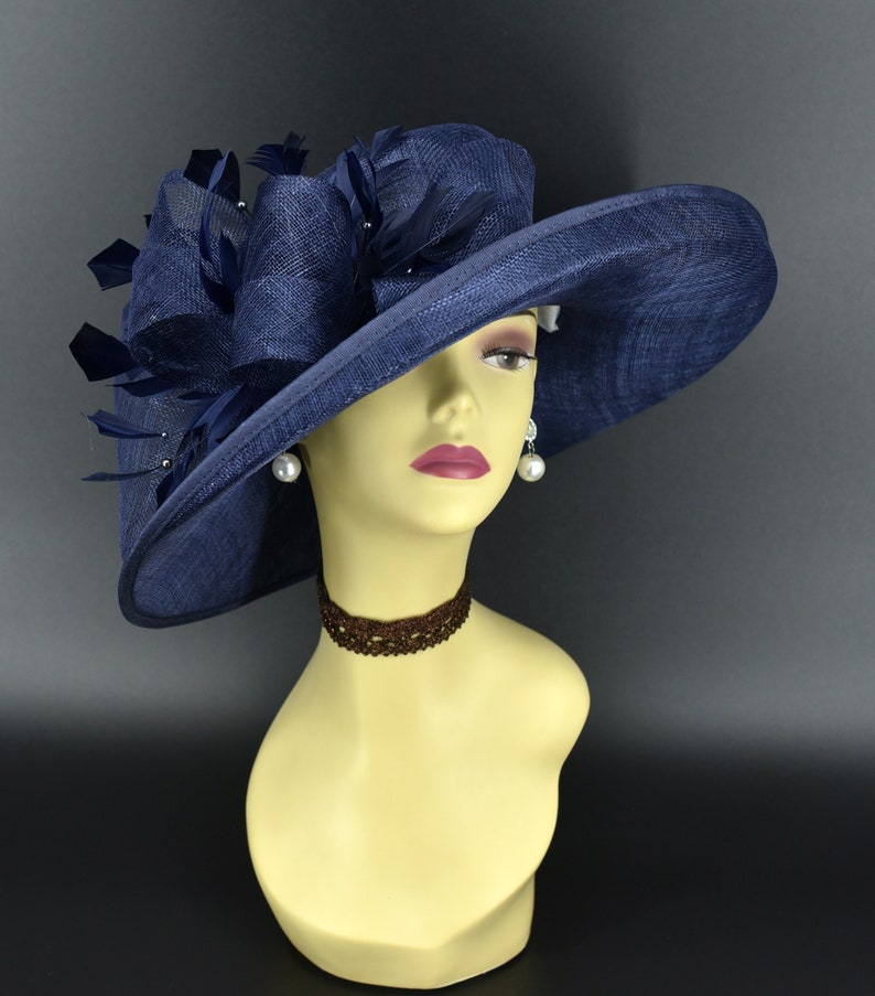 M4002 Navy blue hat Kentucky Derby hat, Church hat, Wedding hat, Easter hat, Mother of Bride hat, Royal Ascot hat, Med Brim Sinamay Hat image 5