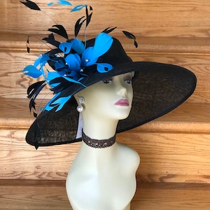 SD02( Black/Turquoise/Blue )Kentucky Derby Hat, Church Hat, Wedding Hat, Easter Hat Tea Party & Feather flower Wide Brim Sinamay Hat