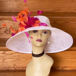 SD02( White/fuchsia/Orange ) Kentucky Derby Hat, Church Hat, Wedding Hat, Easter Hat, Tea Party Hat Wide Brim Woman's Sinamay Hat