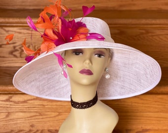 SD02( White/fuchsia/Orange ) Kentucky Derby Hat, Church Hat, Wedding Hat, Easter Hat, Tea Party Hat Wide Brim Woman's Sinamay Hat