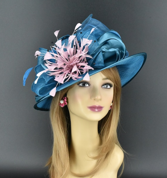 Wide Brim Teal Derby Church Hat Black Feathers Wide Brim Kentucky Derby Hat, Ascot Hat for Wedding & Tea  main image 3