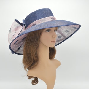 M95( Navy/Pink )Kentucky Derby Hat, Church Hat, Wedding Hat, Easter Hat, Tea Party Hat Polka Dot Big Bow Wide Brim Sinamay Hat