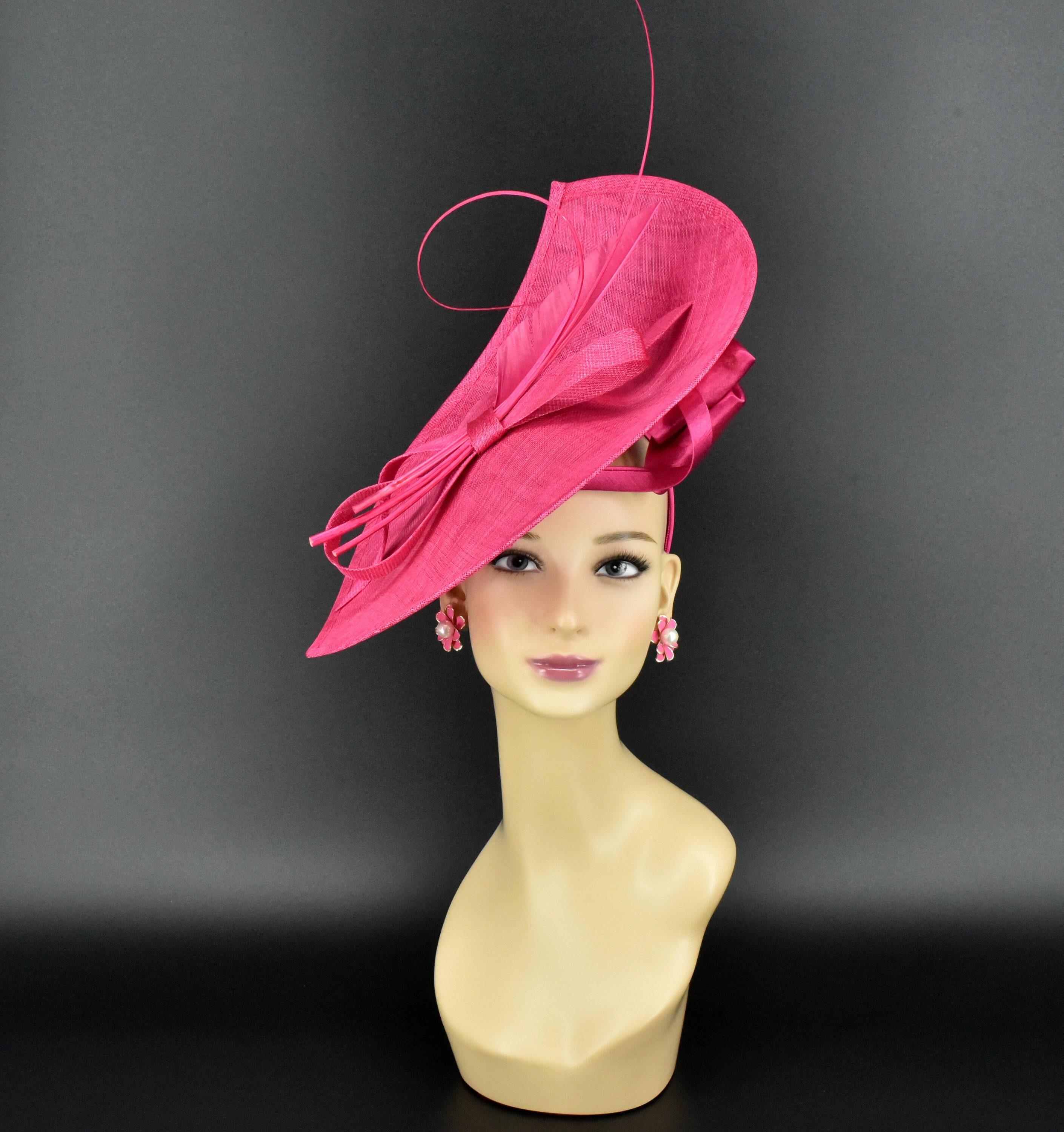 MF173( Hot Pink )Jumbo Kentucky Derby Wedding Easter Tea Party Royal Ascot Sinamay Satin Bow & Quills Headband Large Fascinator