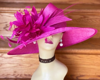 M936( Fuchsia hat ) Kentucky Derby hat Wedding hat Easter hat Royal Ascot Jumbo Feather Flower Wide Brim Woman Sinamay Hat