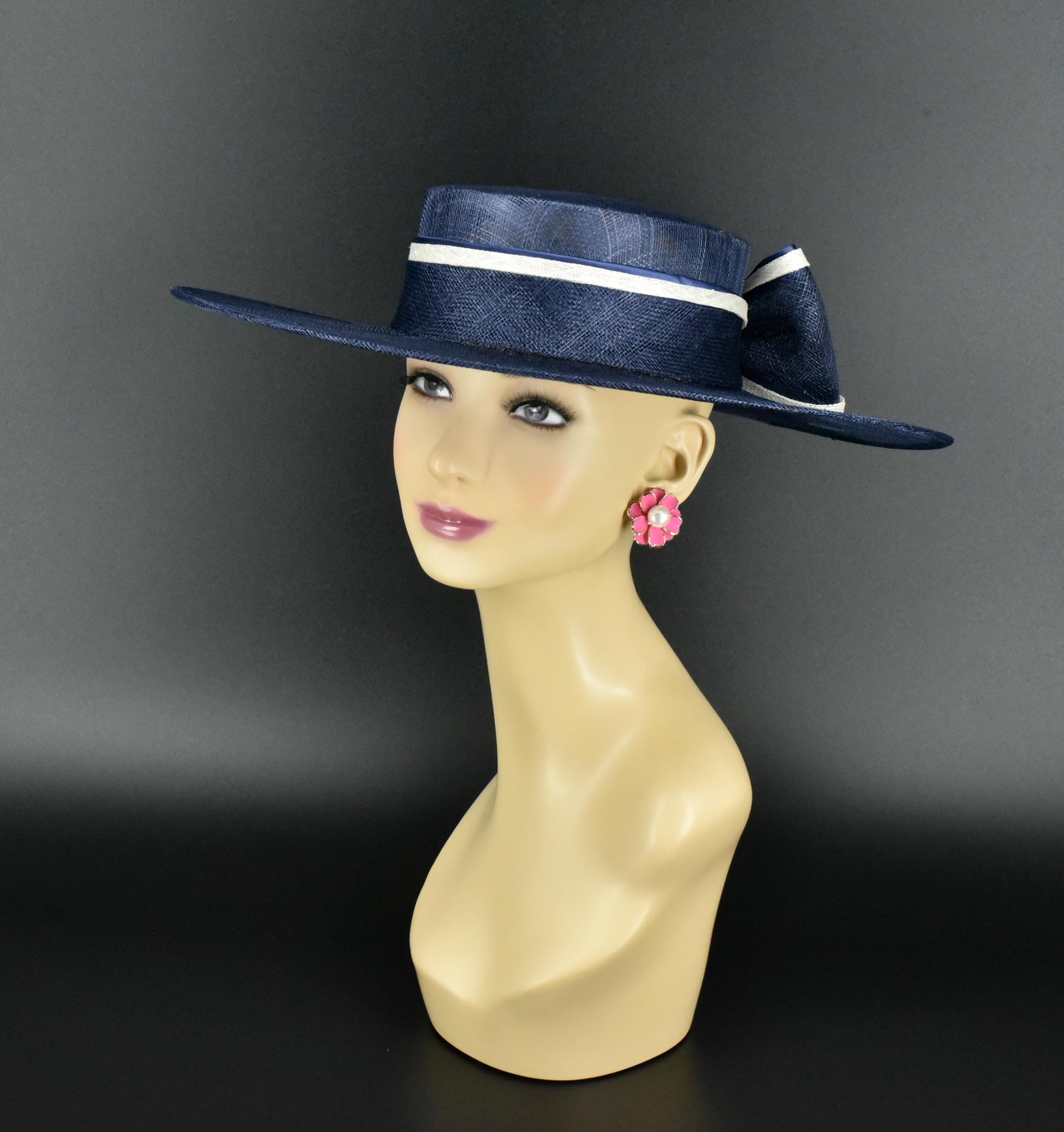 M23156 ( Navy/ivory ) Medium Flat-brim Sinamay Fascinator Hat for