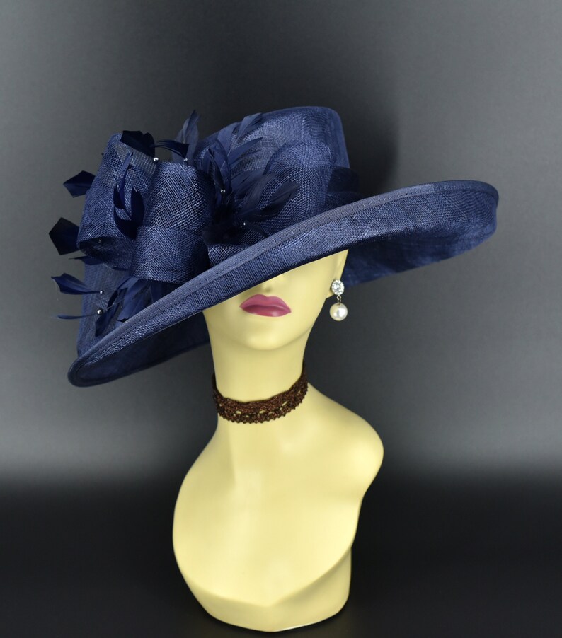 M4002 Navy blue hat Kentucky Derby hat, Church hat, Wedding hat, Easter hat, Mother of Bride hat, Royal Ascot hat, Med Brim Sinamay Hat image 1