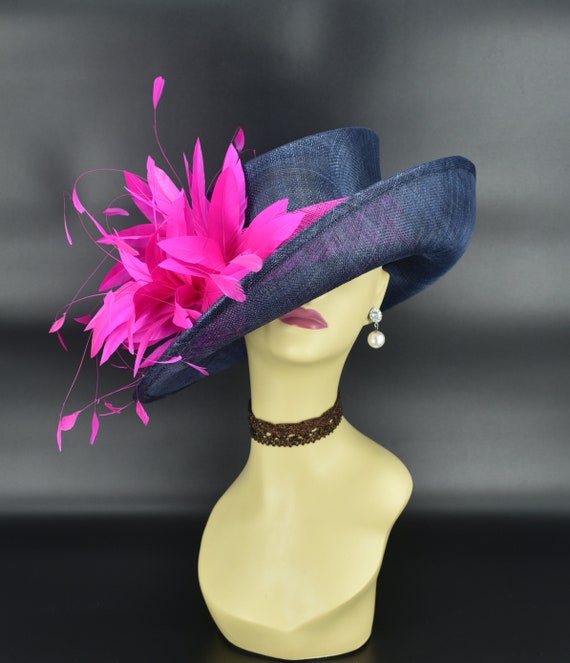 M901( Navy Bright Fuchsia ) Kentucky Derby Hat Church Hat 