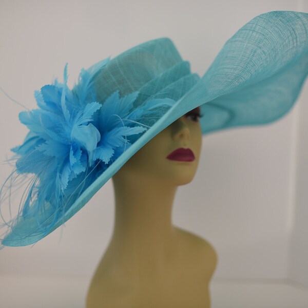 M508 ( Turquoise ) Kentucky Derby hat, Church hat, Wedding hat, Tea Party hat Jumbo Feather Flower Flopy Wide Brim Woman Sinamay Dress Hat
