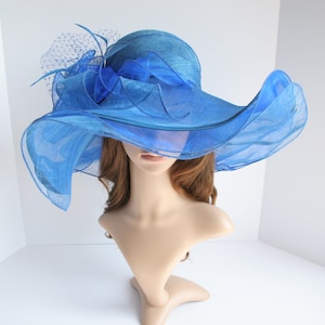 May include: A large, blue, wide-brimmed hat with a ruffled trim and a small flower accent. The hat is made of a sheer fabric and is perfect for a special occasion.