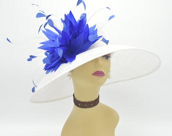 SD17( White/Royal blue )Kentucky Derby Hat, Church Hat, Wedding Hat, Easter Hat, Tea Party Hat Wide Brim Sinamay Hat