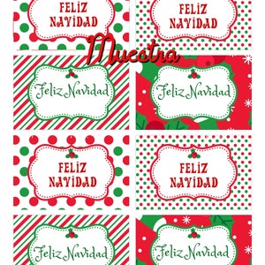 May include: Eight printable gift tags with a red and green Christmas theme. The tags feature a white border with the text "Feliz Navidad" in red and green lettering. The background patterns include red and green polka dots, red and green stripes, and a green and red Christmas tree pattern.