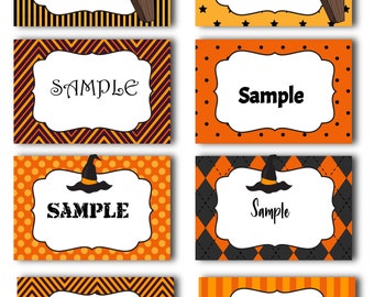 May include: Set of ten printable Halloween party favor tags with different patterns and designs. The tags feature a witch's hat, a coffin, and the word "SAMPLE".