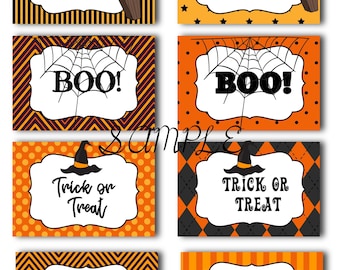 May include: Eight printable Halloween party favor tags with different designs. The tags feature orange, black, and white colors with various Halloween themes, including "Scary", "Spooky", "Boo!" and "Trick or Treat".