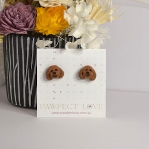 Könnte beinhalten: Ein Paar braune, hundeartige Ohrstecker auf einer weißen Karte mit dem Text "PAWFECT LOVE" und der Website-Adresse "www.pawfectlove.com.au".