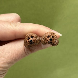 Könnte beinhalten: Ein Paar braune Ohrstecker in Form eines Hundekopfes. Die Ohrringe sind aus Polymer Clay gefertigt und etwa so groß wie eine 10-Cent-Münze.