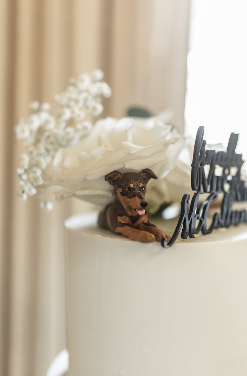 Personalised peeking dog cake topper, custom wedding dog cake topper figurine, wedding cake topper realistic sculpture of pet. image 9