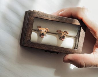 Custom Pet Cufflinks: Handmade Polymer Clay Dog Portrait in a Timber Giftbox