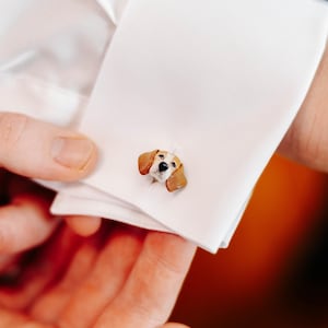 Custom dog wedding cufflinks, pet lover groom&#39;s outfit. Personalised cuff links handmade from photos with polymer clay.