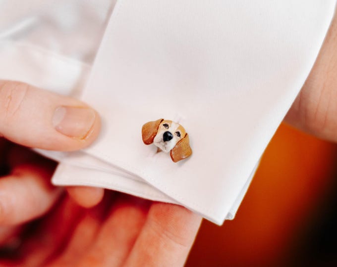 Custom dog wedding cufflinks, pet lover groom's outfit. Personalised cuff links handmade from photos with polymer clay. Can be mismatched.