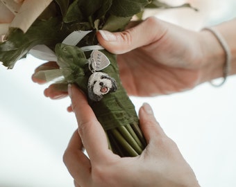 Dog memorial wedding bouquet charm, perfect for brides and pet lover marriages. Personalised bridal pendant handmade from photos with clay.