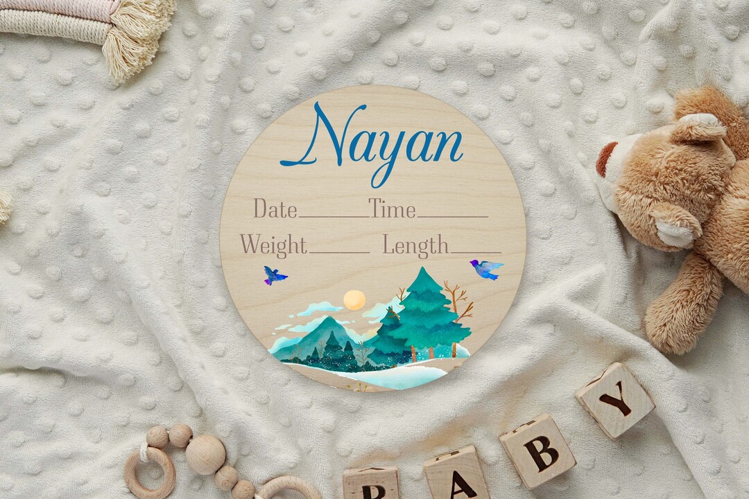 Winter Mountain Trees Snow Birth Name Sign White Birch Personalized ...