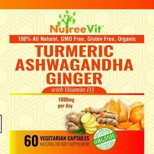 May include: A bottle of Turmeric Ashwagandha Ginger dietary supplement capsules with Vitamin D3. The bottle is labeled with the brand name "NulreeVit" and states that the product is 100% natural, GMO free, gluten free, and organic. The bottle contains 60 vegetarian capsules and the supplement facts are listed on the back of the bottle.