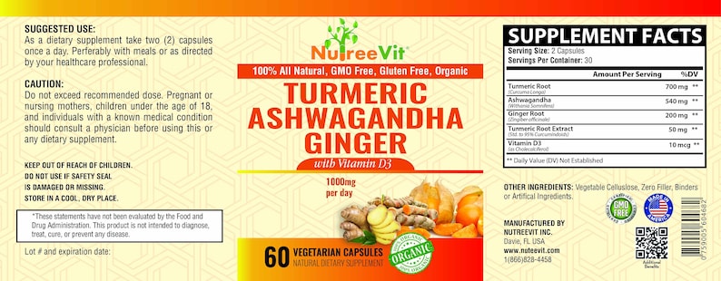 May include: A bottle of Turmeric Ashwagandha Ginger dietary supplement capsules with Vitamin D3. The bottle is labeled with the brand name "NulreeVit" and states that the product is 100% natural, GMO free, gluten free, and organic. The bottle contains 60 vegetarian capsules and the supplement facts are listed on the back of the bottle.