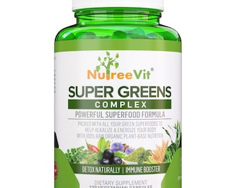 Cápsulas Super Greens / Mezcla de espirulina, clorella y hierba de trigo / Suplemento diario de vegetales / Fórmula de bienestar a base de plantas
