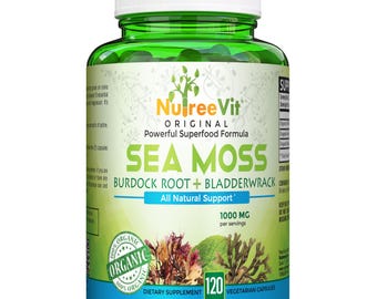 Organic Sea Moss Bladderwrack Burdock Root Capsules | NutreeVit Superfood Blend | Daily Wellness Formula