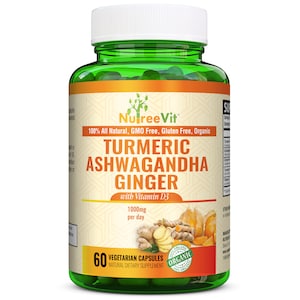 May include: Green bottle of Turmeric Ashwagandha Ginger dietary supplement with Vitamin D3. The bottle has a white label with the brand name Nulree Vit and the words "100% All Natural, GMO Free, Gluten Free, Organic". The bottle contains 60 vegetarian capsules and is labeled as a natural dietary supplement.