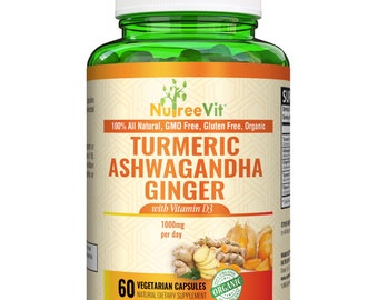 Organic Turmeric Ashwagandha Ginger + Vitamin D3 Capsules | NutreeVit Herbal Wellness Formula