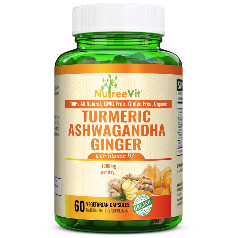 May include: Green bottle of Turmeric Ashwagandha Ginger dietary supplement with Vitamin D3. The bottle has a white label with the brand name Nulree Vit and the words "100% All Natural, GMO Free, Gluten Free, Organic". The bottle contains 60 vegetarian capsules and is labeled as a natural dietary supplement.