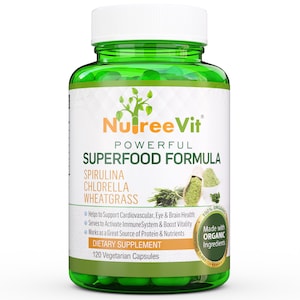 PURE ORGANIC SPIRULINA + Chlorella + Wheatgrass Extract Veggie Capsules (500mg)
