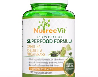 PURE ORGANIC SPIRULINA + Chlorella + Wheatgrass Extract Veggie Capsules (500mg)
