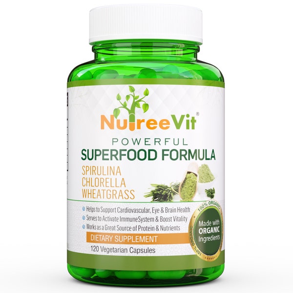 PURE ORGANIC SPIRULINA + Chlorella + Wheatgrass Extract Veggie Capsules (500mg)