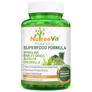 PURE ORGANIC Spirulina + Barley Grass + Alfalfa + Chlorella CAPSULES (500mg)