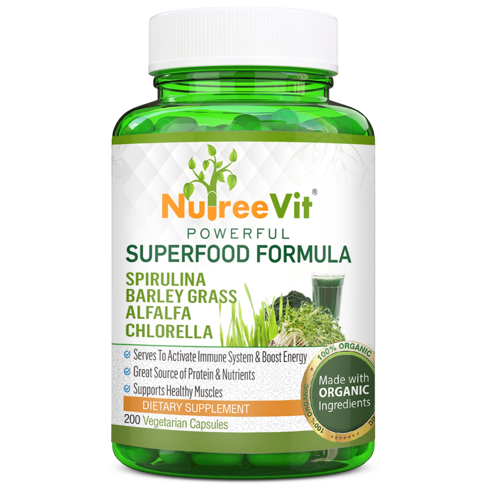 PURE ORGANIC Spirulina + Barley Grass + Alfalfa + Chlorella CAPSULES (500mg)