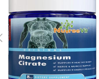 May include: A blue plastic jar with a white lid containing a dietary supplement called "Magnesium Citrate" by NuureeVit. The label states that the product supports healthy bones, nerve and muscle support, and energy production. The jar contains 8 oz of the supplement.