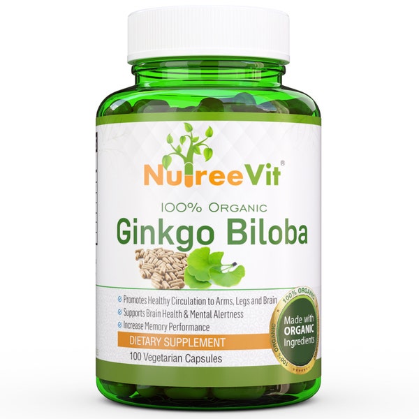 NutreeVit 100% Organic Ginkgo Biloba Capsules - Supports Brain Health, Mental Alertness, Circulation, and Increases Memory