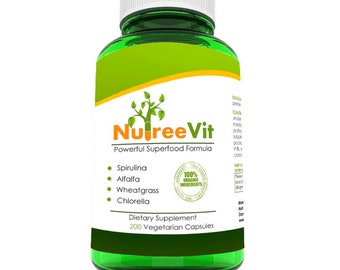 May include: Green bottle of Nutree Vit Powerful Superfood Formula dietary supplement with a white label and a green tree logo. The label lists the ingredients: Spirulina, Alfalfa, Wheatgrass, and Chlorella. It also states that the product is 100% organic ingredients and contains 200 vegetarian capsules.